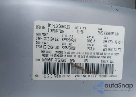 2007 Chrysler Aspen Limited из США, поврежденный, VIN 1A8HX58P17F523802